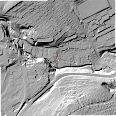 Shaded relief map of the ground around BL16TY, computed from Environment Agency LiDAR. The ground here sits at about 139 m above sea level and falls 52 m across the surrounding 800 m. Surface water reaching this point runs off ground lying to the north-west, 37.0 m higher.