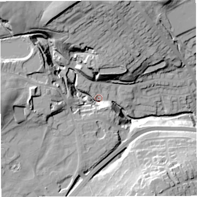 Shaded relief map of the ground around BL16TZ, computed from Environment Agency LiDAR. The ground here sits at about 143 m above sea level and falls 47 m across the surrounding 800 m. Surface water reaching this point runs off ground lying to the north-west, 36.0 m higher.