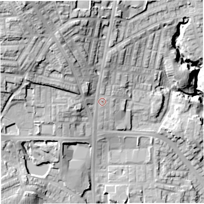 Shaded relief map of the ground around BL17AL, computed from Environment Agency LiDAR. The ground here sits at about 123 m above sea level and falls 46 m across the surrounding 800 m. Surface water reaching this point runs off ground lying to the north, 4.2 m higher.