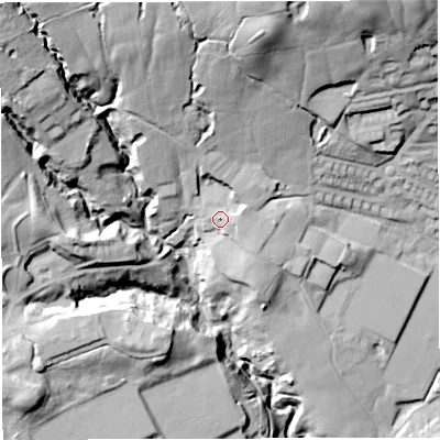 Shaded relief map of the ground around BL17NS, computed from Environment Agency LiDAR. The ground here sits at about 155 m above sea level and falls 67 m across the surrounding 800 m. Surface water reaching this point runs off ground lying to the east, 2.2 m higher.