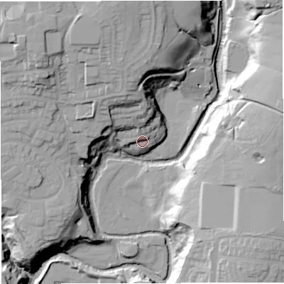 Shaded relief map of the ground around BL17RZ, computed from Environment Agency LiDAR. The ground here sits at about 108 m above sea level and falls 43 m across the surrounding 800 m. Surface water reaching this point runs off ground lying to the north, 6.6 m higher.
