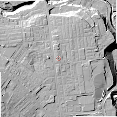Shaded relief map of the ground around BL18DT, computed from Environment Agency LiDAR. The ground here sits at about 112 m above sea level and falls 34 m across the surrounding 800 m. Surface water reaching this point runs off ground lying to the north-north-west, 1.3 m higher.