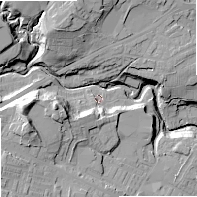 Shaded relief map of the ground around BL18DX, computed from Environment Agency LiDAR. The ground here sits at about 113 m above sea level and falls 45 m across the surrounding 800 m. Surface water reaching this point runs off ground lying to the south-west, 17.9 m higher.