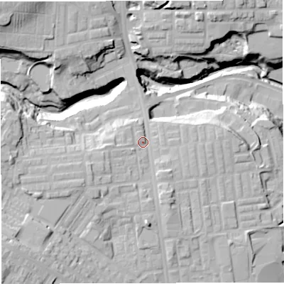 Shaded relief map of the ground around BL18DY, computed from Environment Agency LiDAR. The ground here sits at about 110 m above sea level and falls 36 m across the surrounding 800 m. Surface water reaching this point runs off ground lying to the west-south-west, 8.0 m higher.