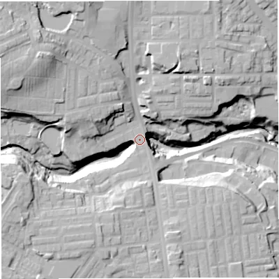 Shaded relief map of the ground around BL18NH, computed from Environment Agency LiDAR. The ground here sits at about 105 m above sea level and falls 36 m across the surrounding 800 m. Surface water reaching this point runs off ground lying to the south-south-west, 11.2 m higher.