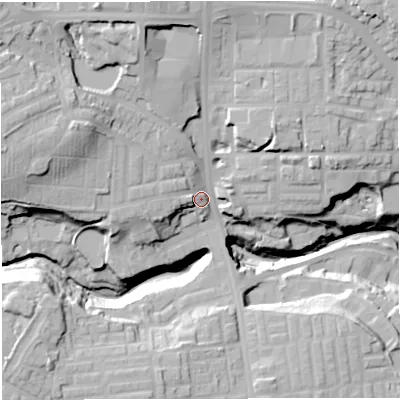 Shaded relief map of the ground around BL18NJ, computed from Environment Agency LiDAR. The ground here sits at about 108 m above sea level and falls 36 m across the surrounding 800 m. Surface water reaching this point runs off ground lying to the west-north-west, 17.7 m higher.