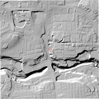 Shaded relief map of the ground around BL18NL, computed from Environment Agency LiDAR. The ground here sits at about 107 m above sea level and falls 37 m across the surrounding 800 m. Surface water reaching this point runs off ground lying to the north-north-west, 17.2 m higher.