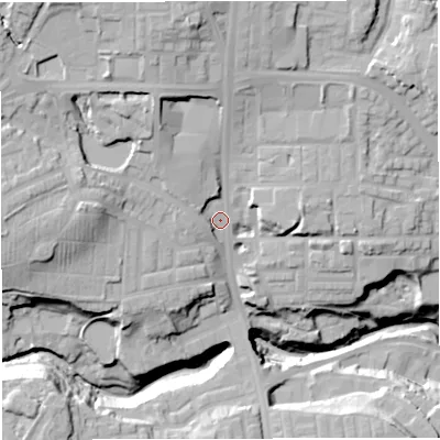 Shaded relief map of the ground around BL18NN, computed from Environment Agency LiDAR. The ground here sits at about 109 m above sea level and falls 40 m across the surrounding 800 m. Surface water reaching this point runs off ground lying to the north-west, 18.5 m higher.