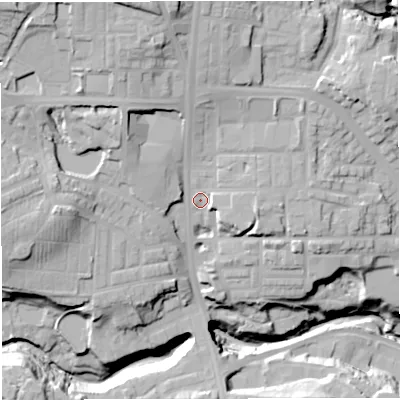 Shaded relief map of the ground around BL18PE, computed from Environment Agency LiDAR. The ground here sits at about 111 m above sea level and falls 44 m across the surrounding 800 m. Surface water reaching this point runs off ground lying to the north, 14.3 m higher.