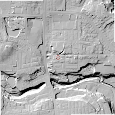 Shaded relief map of the ground around BL18PG, computed from Environment Agency LiDAR. The ground here sits at about 109 m above sea level and falls 39 m across the surrounding 800 m. Surface water reaching this point runs off ground lying to the north-north-east, 6.7 m higher.