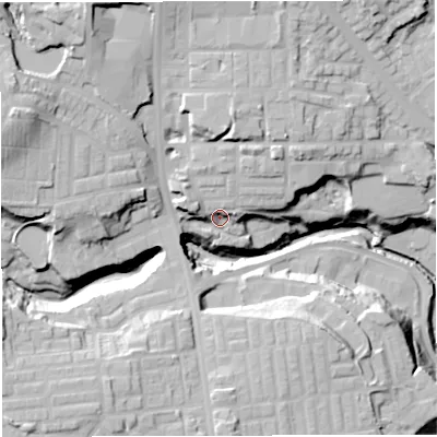 Shaded relief map of the ground around BL18PL, computed from Environment Agency LiDAR. The ground here sits at about 103 m above sea level and falls 37 m across the surrounding 800 m. Surface water reaching this point runs off ground lying to the north-north-west, 17.1 m higher.
