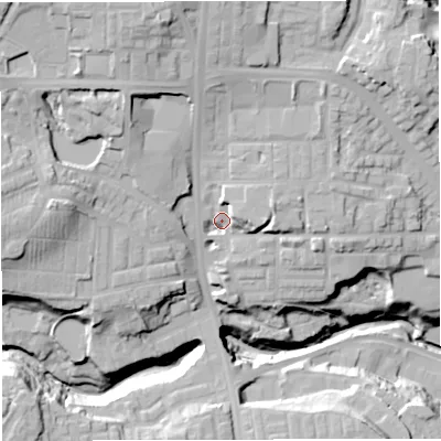 Shaded relief map of the ground around BL18PQ, computed from Environment Agency LiDAR. The ground here sits at about 109 m above sea level and falls 40 m across the surrounding 800 m. Surface water reaching this point runs off ground lying to the north-east, 8.4 m higher.