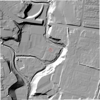 Shaded relief map of the ground around BL18RT, computed from Environment Agency LiDAR. The ground here sits at about 91 m above sea level and falls 42 m across the surrounding 800 m. Surface water reaching this point runs off ground lying to the east-south-east, 0.8 m higher.