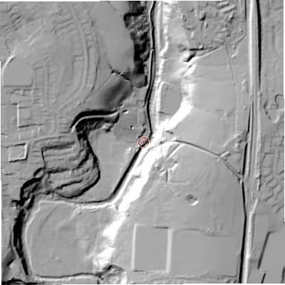 Shaded relief map of the ground around BL18RY, computed from Environment Agency LiDAR. The ground here sits at about 103 m above sea level and falls 42 m across the surrounding 800 m. Surface water reaching this point runs off ground lying to the north-east, 35.3 m higher.