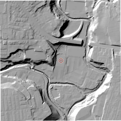 Shaded relief map of the ground around BL18TS, computed from Environment Agency LiDAR. The ground here sits at about 92 m above sea level and falls 34 m across the surrounding 800 m. Surface water reaching this point runs off ground lying to the north-west, 15.2 m higher.