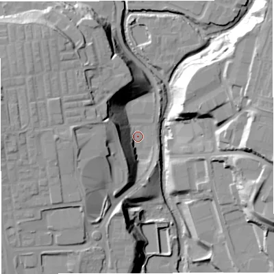Shaded relief map of the ground around BL18TU, computed from Environment Agency LiDAR. The ground here sits at about 86 m above sea level and falls 31 m across the surrounding 800 m. Surface water reaching this point runs off ground lying to the west, 16.4 m higher.