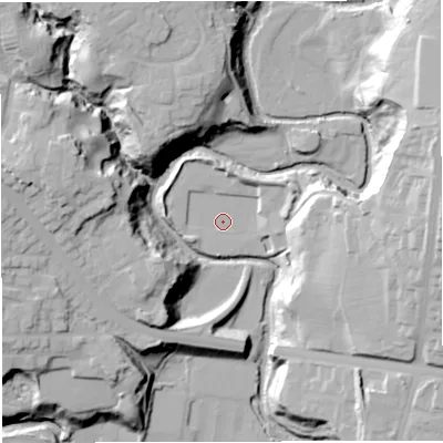 Shaded relief map of the ground around BL18TY, computed from Environment Agency LiDAR. The ground here sits at about 93 m above sea level and falls 39 m across the surrounding 800 m. Surface water reaching this point runs off ground lying to the south-west, 3.0 m higher.