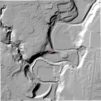 Shaded relief map of the ground around BL18TZ, computed from Environment Agency LiDAR. The ground here sits at about 107 m above sea level and falls 40 m across the surrounding 800 m. Surface water reaching this point runs off ground lying to the north-west, 10.5 m higher.