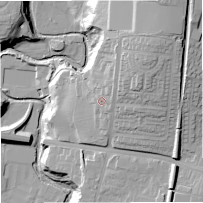 Shaded relief map of the ground around BL18UA, computed from Environment Agency LiDAR. The ground here sits at about 116 m above sea level and falls 46 m across the surrounding 800 m. Surface water reaching this point runs off ground lying to the north-east, 7.0 m higher.