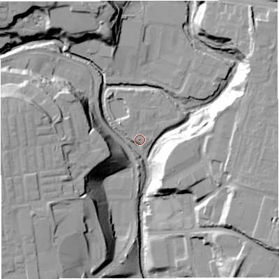 Shaded relief map of the ground around BL18WD, computed from Environment Agency LiDAR. The ground here sits at about 88 m above sea level and falls 30 m across the surrounding 800 m. Surface water reaching this point runs off ground lying to the north-west, 27.0 m higher.