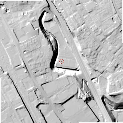 Shaded relief map of the ground around BL21HY, computed from Environment Agency LiDAR. The ground here sits at about 73 m above sea level and falls 36 m across the surrounding 800 m. Surface water reaching this point runs off ground lying to the west, 23.7 m higher.
