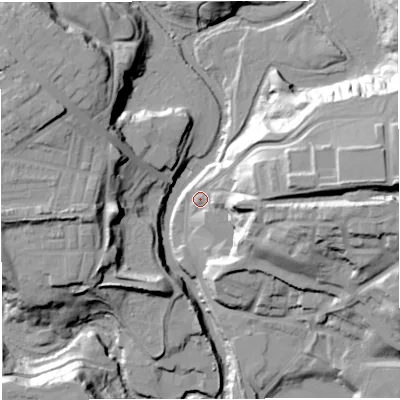Shaded relief map of the ground around BL21PL, computed from Environment Agency LiDAR. The ground here sits at about 66 m above sea level and falls 38 m across the surrounding 800 m. Surface water reaching this point runs off ground lying to the east, 31.6 m higher.