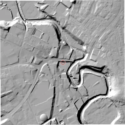 Shaded relief map of the ground around BL22DF, computed from Environment Agency LiDAR. The ground here sits at about 81 m above sea level and falls 34 m across the surrounding 800 m. Surface water reaching this point runs off ground lying to the west-north-west, 17.0 m higher.
