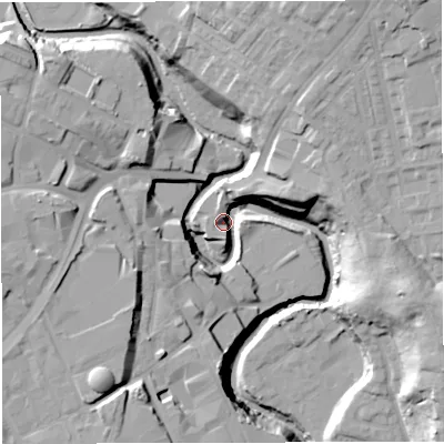 Shaded relief map of the ground around BL22DJ, computed from Environment Agency LiDAR. The ground here sits at about 79 m above sea level and falls 33 m across the surrounding 800 m. Surface water reaching this point runs off ground lying to the north-north-east, 27.9 m higher.