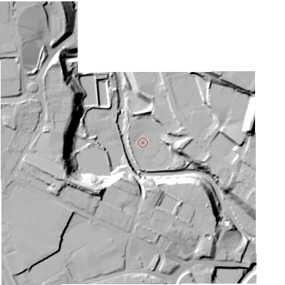 Shaded relief map of the ground around BL22DT, computed from Environment Agency LiDAR. The ground here sits at about 82 m above sea level and falls 31 m across the surrounding 800 m. Surface water reaching this point runs off ground lying to the east, 9.0 m higher.