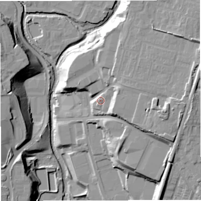 Shaded relief map of the ground around BL22HH, computed from Environment Agency LiDAR. The ground here sits at about 101 m above sea level and falls 32 m across the surrounding 800 m. Surface water reaching this point runs off ground lying to the east-north-east, 17.0 m higher.