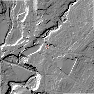 Shaded relief map of the ground around BL23ET, computed from Environment Agency LiDAR. The ground here sits at about 111 m above sea level and falls 39 m across the surrounding 800 m. Surface water reaching this point runs off ground lying to the east-north-east, 18.8 m higher.