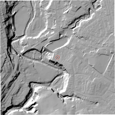Shaded relief map of the ground around BL23EU, computed from Environment Agency LiDAR. The ground here sits at about 108 m above sea level and falls 32 m across the surrounding 800 m. Surface water reaching this point runs off ground lying to the east-north-east, 5.4 m higher.