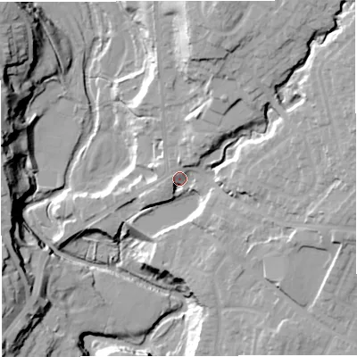 Shaded relief map of the ground around BL23GG, computed from Environment Agency LiDAR. The ground here sits at about 109 m above sea level and falls 34 m across the surrounding 800 m. Surface water reaching this point runs off ground lying to the north-east, 21.2 m higher.
