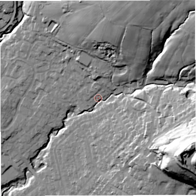 Shaded relief map of the ground around BL24AH, computed from Environment Agency LiDAR. The ground here sits at about 130 m above sea level and falls 80 m across the surrounding 800 m. Surface water reaching this point runs off ground lying to the north-east, 51.7 m higher.