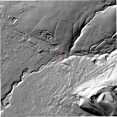 Shaded relief map of the ground around BL24DL, computed from Environment Agency LiDAR. The ground here sits at about 133 m above sea level and falls 79 m across the surrounding 800 m. Surface water reaching this point runs off ground lying to the north-east, 59.6 m higher.