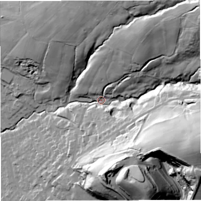 Shaded relief map of the ground around BL24DP, computed from Environment Agency LiDAR. The ground here sits at about 143 m above sea level and falls 90 m across the surrounding 800 m. Surface water reaching this point runs off ground lying to the north-east, 74.3 m higher.