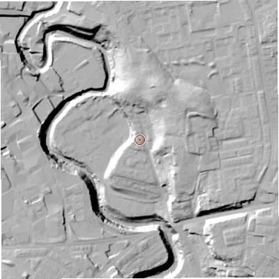 Shaded relief map of the ground around BL26AA, computed from Environment Agency LiDAR. The ground here sits at about 83 m above sea level and falls 32 m across the surrounding 800 m. Surface water reaching this point runs off ground lying to the north-north-east, 16.7 m higher.