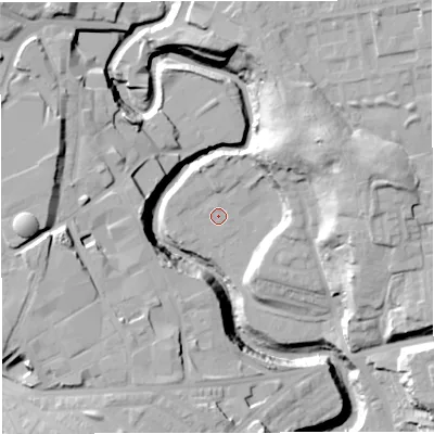 Shaded relief map of the ground around BL26BD, computed from Environment Agency LiDAR. The ground here sits at about 75 m above sea level and falls 31 m across the surrounding 800 m. Surface water reaching this point runs off ground lying to the north, 0.8 m higher.