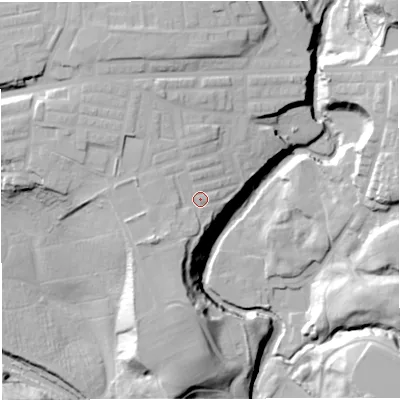 Shaded relief map of the ground around BL26BP, computed from Environment Agency LiDAR. The ground here sits at about 89 m above sea level and falls 33 m across the surrounding 800 m. Surface water reaching this point runs off ground lying to the south-west, 4.9 m higher.