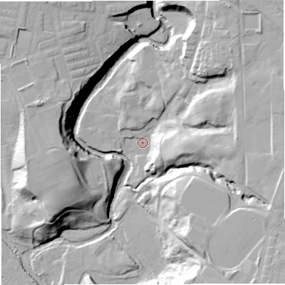 Shaded relief map of the ground around BL26DP, computed from Environment Agency LiDAR. The ground here sits at about 69 m above sea level and falls 34 m across the surrounding 800 m. Surface water reaching this point runs off ground lying to the north-east, 24.0 m higher.