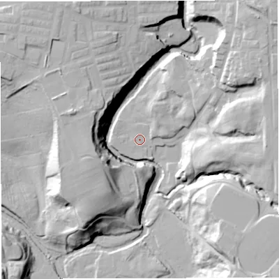 Shaded relief map of the ground around BL26DW, computed from Environment Agency LiDAR. The ground here sits at about 70 m above sea level and falls 32 m across the surrounding 800 m. Surface water reaching this point runs off ground lying to the west-north-west, 1.1 m higher.