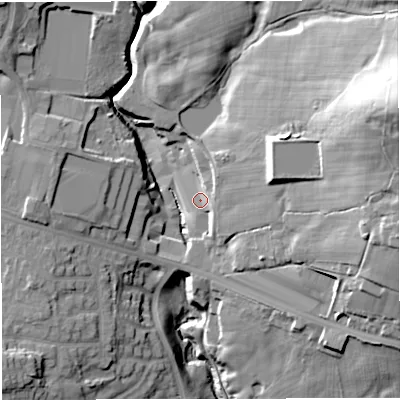Shaded relief map of the ground around BL26QF, computed from Environment Agency LiDAR. The ground here sits at about 107 m above sea level and falls 55 m across the surrounding 800 m. Surface water reaching this point runs off ground lying to the east-north-east, 47.9 m higher.