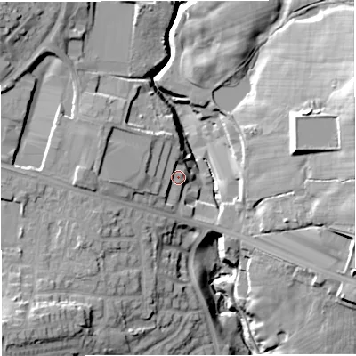 Shaded relief map of the ground around BL26QY, computed from Environment Agency LiDAR. The ground here sits at about 108 m above sea level and falls 38 m across the surrounding 800 m. Surface water reaching this point runs off ground lying to the west, 14.8 m higher.