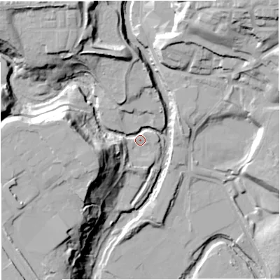 Shaded relief map of the ground around BL31RP, computed from Environment Agency LiDAR. The ground here sits at about 61 m above sea level and falls 42 m across the surrounding 800 m. Surface water reaching this point runs off ground lying to the west-north-west, 31.7 m higher.