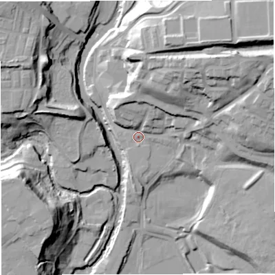 Shaded relief map of the ground around BL31RS, computed from Environment Agency LiDAR. The ground here sits at about 67 m above sea level and falls 42 m across the surrounding 800 m. Surface water reaching this point runs off ground lying to the north-east, 28.8 m higher.