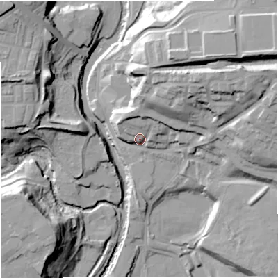 Shaded relief map of the ground around BL31RU, computed from Environment Agency LiDAR. The ground here sits at about 71 m above sea level and falls 40 m across the surrounding 800 m. Surface water reaching this point runs off ground lying to the north-east, 23.1 m higher.