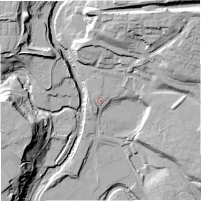 Shaded relief map of the ground around BL31SD, computed from Environment Agency LiDAR. The ground here sits at about 66 m above sea level and falls 45 m across the surrounding 800 m. Surface water reaching this point runs off ground lying to the north-east, 14.3 m higher.