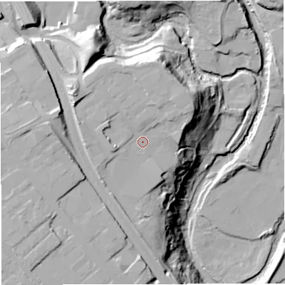 Shaded relief map of the ground around BL32NH, computed from Environment Agency LiDAR. The ground here sits at about 83 m above sea level and falls 38 m across the surrounding 800 m. Surface water reaching this point runs off ground lying to the west-north-west, 6.7 m higher.