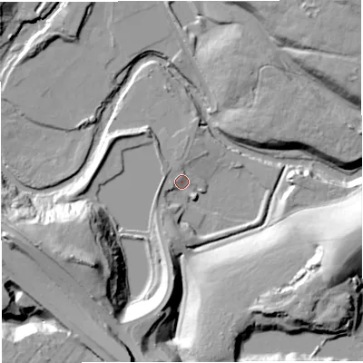 Shaded relief map of the ground around BL32PP, computed from Environment Agency LiDAR. The ground here sits at about 56 m above sea level and falls 36 m across the surrounding 800 m. Surface water reaching this point runs off ground lying to the west-south-west, 34.2 m higher.