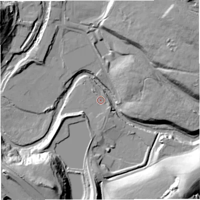 Shaded relief map of the ground around BL32QJ, computed from Environment Agency LiDAR. The ground here sits at about 56 m above sea level and falls 36 m across the surrounding 800 m. Surface water reaching this point runs off ground lying to the south, 1.6 m higher.